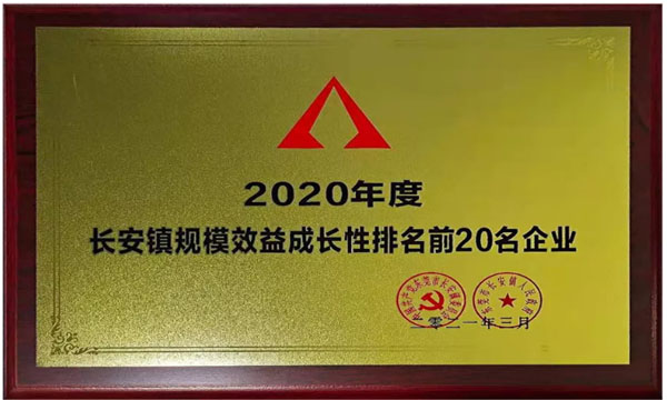 尊龙凯时人生就是搏荣获“2020年度长安镇规模效益生长性排名前20名企业”